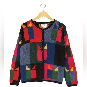 Northern Isles Women’s Large Hand-Knit Vintage 1980s Colorful Cardigan Sweater